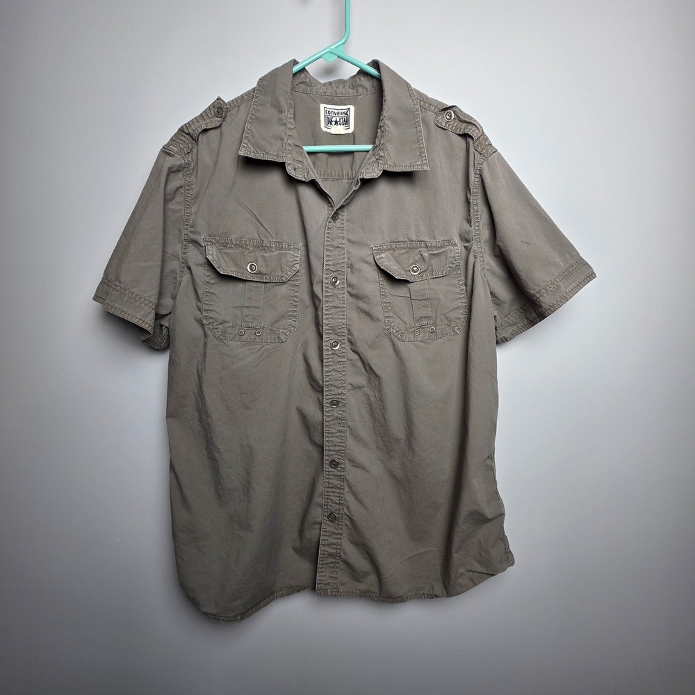 Converse One Star Mens Short Sleeve Button Up Utility Shirt Olive Green‎ Sz XL